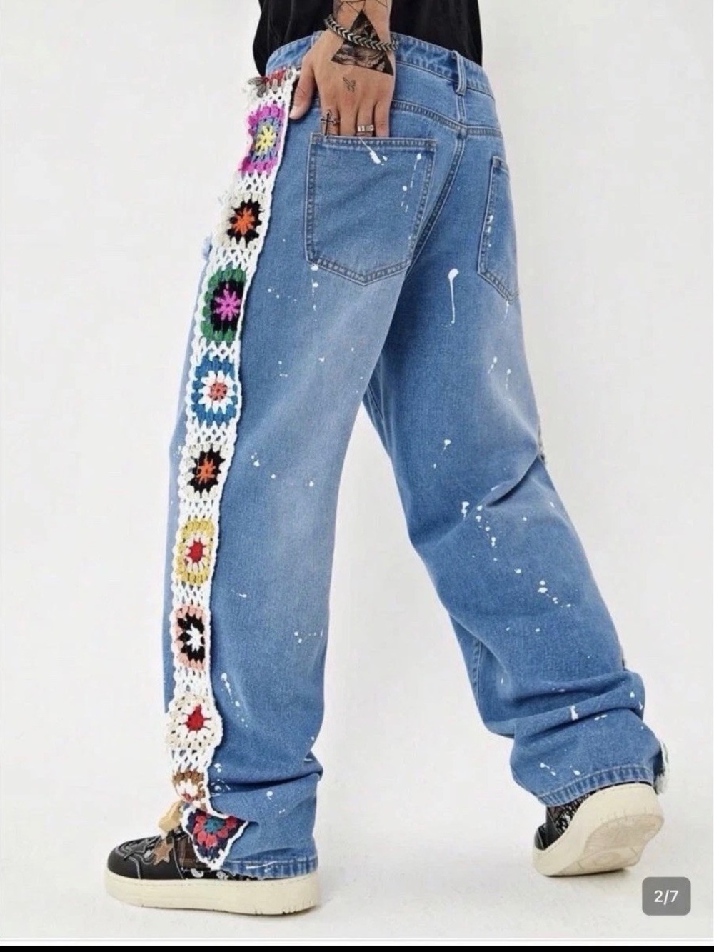 Men’s Light Blue Relaxed Fit Jeans with Crochet Side Trim